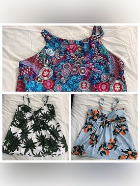 3-Piece Tankini Tops Bundle - Blue Paisley, White Green Leaf, Light Blue Orange